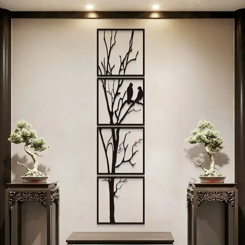 4pcs, Fashionable Black Metal Bird Branch Wall Art - Decorative Art Home and Office Indoor/Outdoor Decoration, Perfect Gift