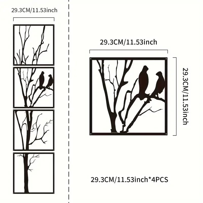4pcs, Fashionable Black Metal Bird Branch Wall Art - Decorative Art Home and Office Indoor/Outdoor Decoration, Perfect Gift