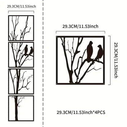 4pcs, Fashionable Black Metal Bird Branch Wall Art - Decorative Art Home and Office Indoor/Outdoor Decoration, Perfect Gift