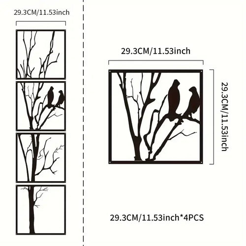 4pcs, Fashionable Black Metal Bird Branch Wall Art - Decorative Art Home and Office Indoor/Outdoor Decoration, Perfect Gift